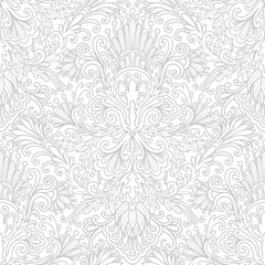 Damask style, white and grey colors, line art. Seamless floral pattern-746.