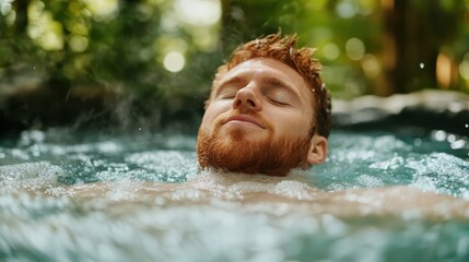 A peaceful man relaxing in a bubbling hot tub surrounded by natural greenery, showcasing ultimate comfort and tranquility for a rejuvenating wellness experience.