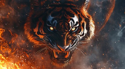 Tiger Growling with Fiery Background Aggressive Animal Illustration