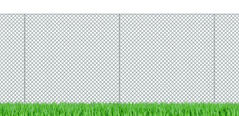 Green grass over iron fence on a isolated background. Braid wire fence with green grass on a isolated background.
