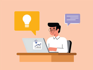 Focused Businessman Working on Laptop, Generating Ideas and Communicating