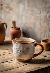 Handmade Ceramic Mug Rustic Countryside Breakfast Weathered Wooden