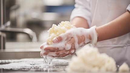 Food handler washing hands with soap before meal preparation