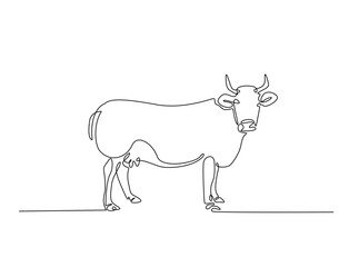 Cow single outline illustration. Continuous line art drawing of cow for farming concept. Editable stroke.