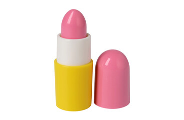 3D cartoon lipstick icon in pink and yellow on white base, beauty and cosmetic element