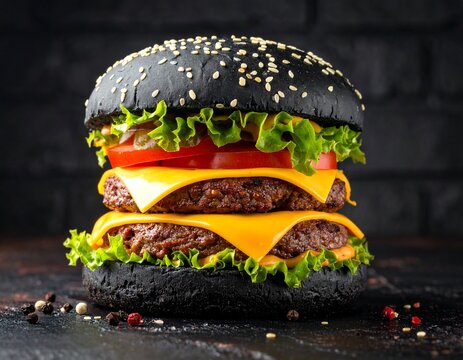 Fototapeta Burger z czarną bułką i niebieskim serem na tle cegły