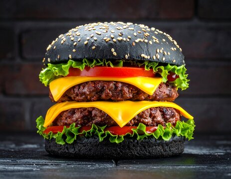 Fototapeta Burger z czarną bułką i niebieskim serem na tle cegły