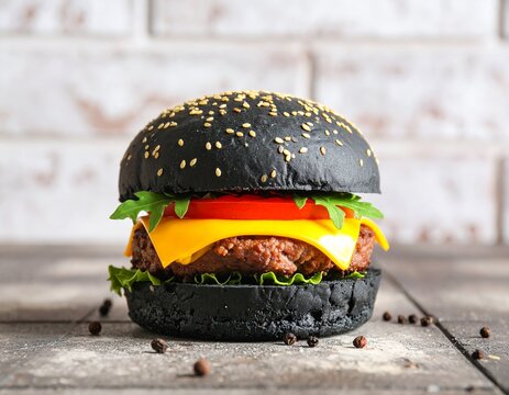 Fototapeta Burger z czarną bułką i niebieskim serem na tle cegły