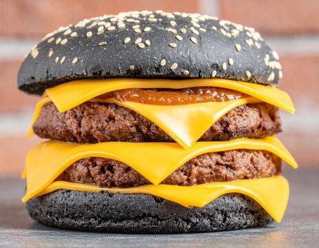 Fototapeta Burger z czarną bułką i niebieskim serem na tle cegły