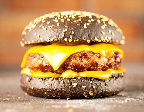Fototapeta Burger z czarną bułką i niebieskim serem na tle cegły