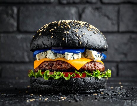 Fototapeta Burger z czarną bułką i niebieskim serem na tle cegły