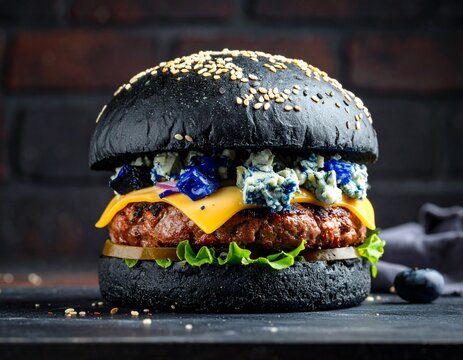 Fototapeta Burger z czarną bułką i niebieskim serem na tle cegły
