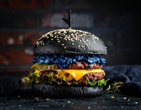 Fototapeta Burger z czarną bułką i niebieskim serem na tle cegły