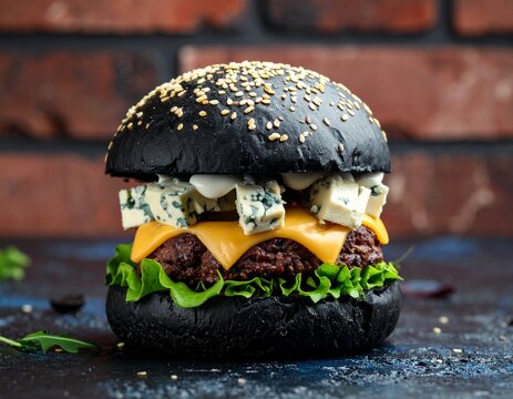 Fototapeta Burger z czarną bułką i niebieskim serem na tle cegły