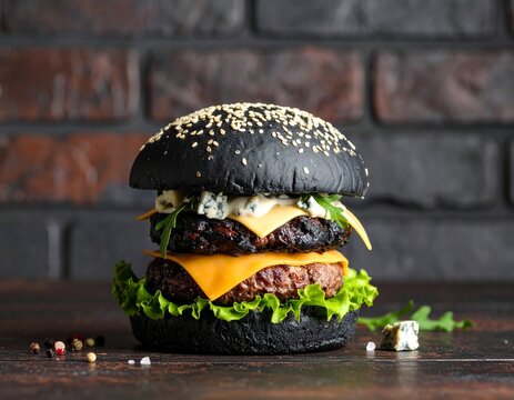 Fototapeta Burger z czarną bułką i niebieskim serem na tle cegły