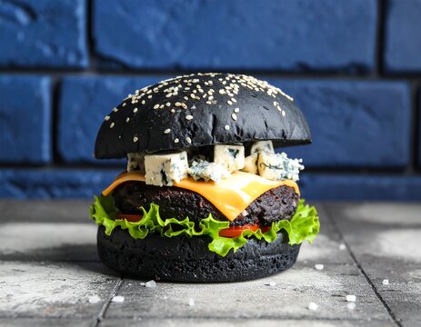 Fototapeta Burger z czarną bułką i niebieskim serem na tle cegły