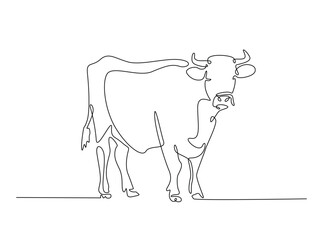 Cow single outline illustration. Continuous line art drawing of cow for farming concept. Editable stroke.