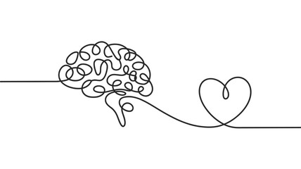 Continuous Line Drawing Brain and Heart Connection on White Background