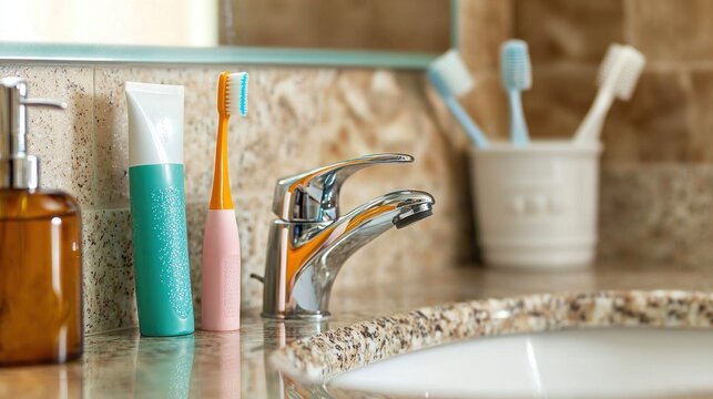 Oral hygiene products like toothpaste, toothbrush, and mouthwash on a bathroom counter.