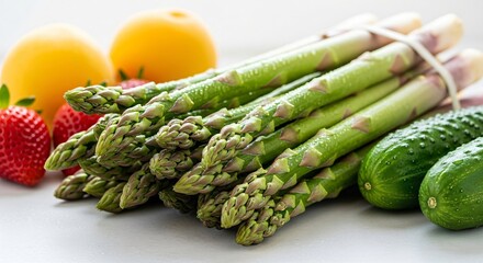 Fresh green asparagus stalks standing upright, surrounded by a vibrant assortment of healthy fruits and vegetables, promoting diet concept.