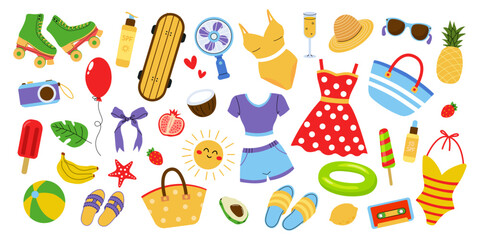 Summer fun essentials featuring beachwear, accessories, and cheerful motifs for a vibrant seaside experience