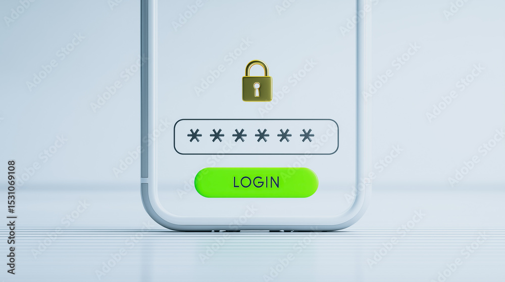Poster smartphone login screen: close-up view of a smartphone displaying a secure login screen with a padlo