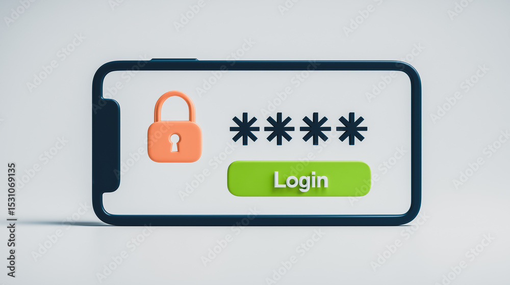 Poster secure login: a close-up shot of a smartphone screen displaying a login interface, featuring a padlo