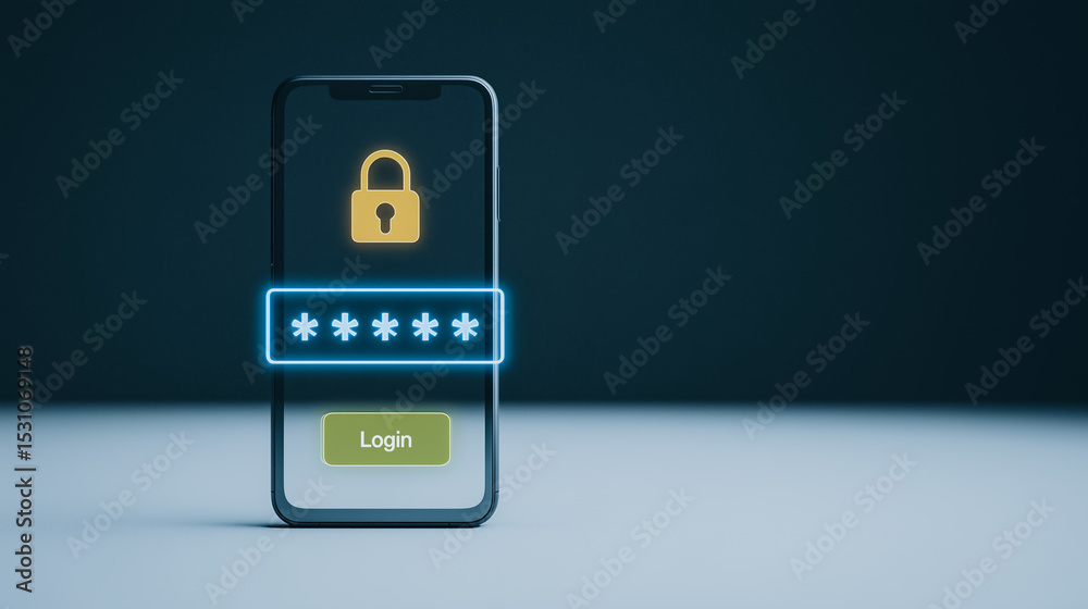 Poster secure login on smartphone: close-up of a smartphone screen showcasing a digital lock and password e