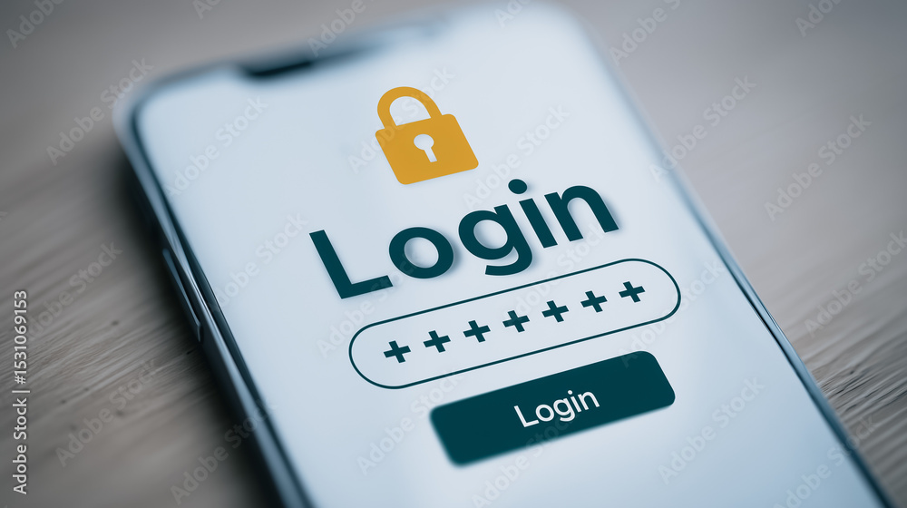 Poster smartphone login screen: close-up of a smartphone displaying a secure login screen with a padlock ic