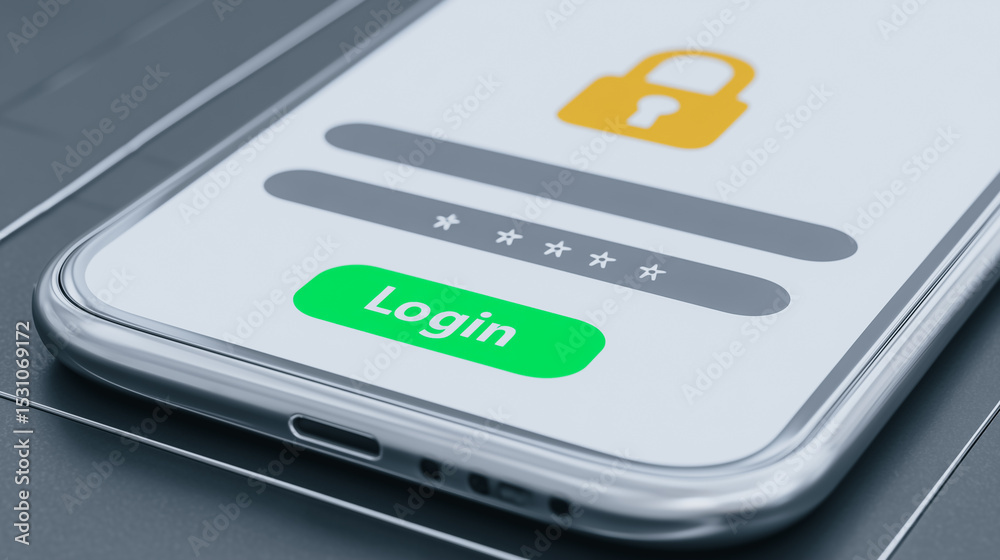 Poster secure mobile login interface: the close-up shot showcases a smartphone screen displaying a login in