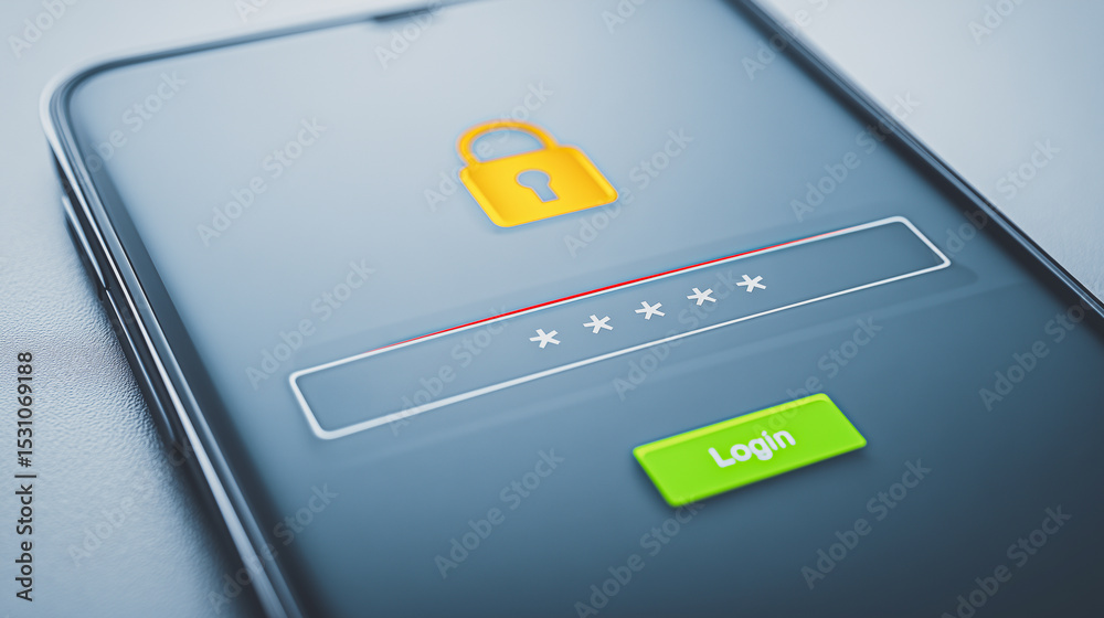 Poster secure access: a detailed shot of a smartphone screen displays a password input field, indicating th