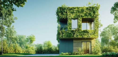 A clean and high resolution image showing green architecture and sustainable building materials with eco friendly context.