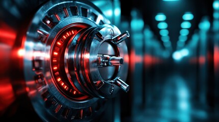 A detailed close-up of an advanced safe lock system featuring bright red lighting, illustrating the concepts of security, protection, and technology in a modern environment.