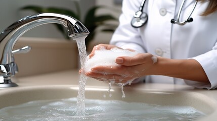 Doctor washing hands with soap for hygiene and infection control