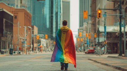 person wearing pride cape walking through city, symbolic scene