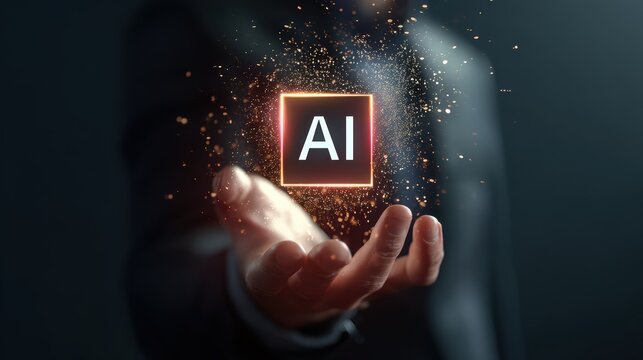 A conceptual depiction of artificial intelligence represented by a glowing square with the ai abbreviation, held in a human hand.