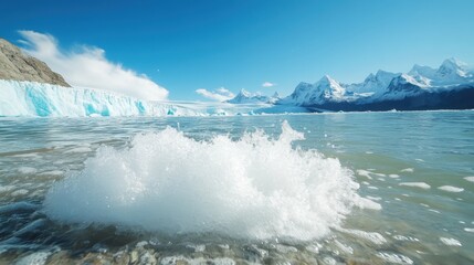 Obraz premium Waves crash gently against the shore of a stunning glacier lake, framed by towering mountain peaks, capturing the beauty and power of nature's untouched landscape.