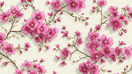 Pink flower branch pattern with delicate petals and soft background