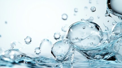 An artistic capture of water splashes, showcasing droplets and bubbles in a clear, dynamic display, emphasizing the natural beauty and movement of water in its purest form.