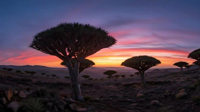 Stunning Sunset Over Dragon Trees Landscape With Vibrant Sky Colors