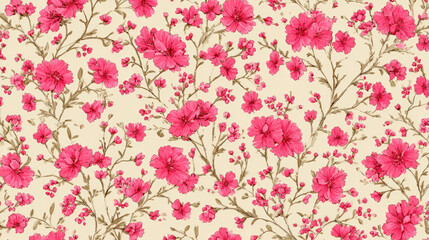 Pink flower pattern with branches and leaves on beige background