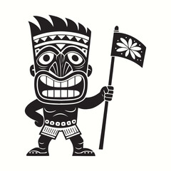 Playful Cartoon Humanoid with Tribal Motifs and Flag
