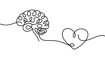 Brain and Heart Connection Single Line Drawing Representing Emotional Intelligence