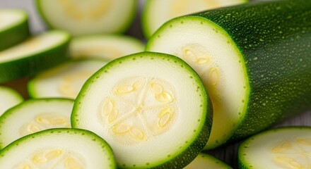 Close up view of fresh sliced cucumber rounds revealing seeds. Healthy vegetable food concept for nutrition, diet, and cooking.