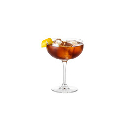 Refreshing brown cocktail in coupe glass with ice and lemon