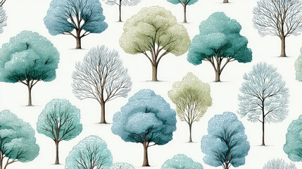 Trees with blue and green leaves pattern on white background