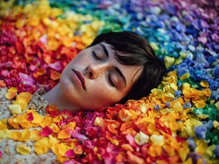 person lying peacefully in field of rainbow petals, emotional serenity