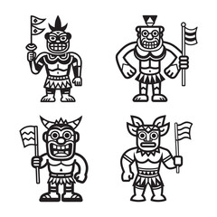 Cartoon Tribal Characters Grid with Flags and Bold Features