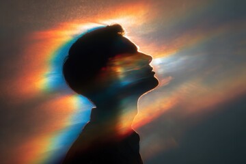 silhouette of person in soft rainbow aura, emotional healing mood