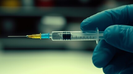 Gloved hand holding sterile syringe filled with clear liquid